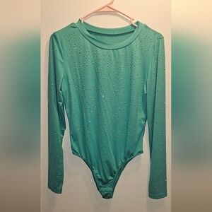 Teal Long Sleeve Bodysuit with Rhinestones